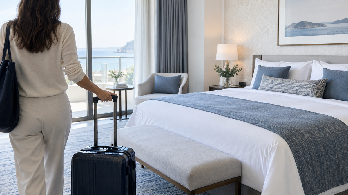 Bright, calm hotel room with a traveler arriving; illustrative lifestyle photography, not a product image.